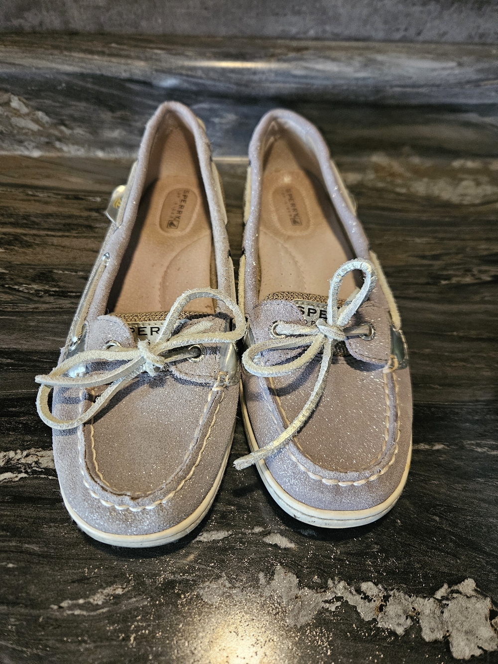 Sperry Womens Size 8 Top Sider Gray/Silver Leather Tie Flat Glittery Boat Shoes